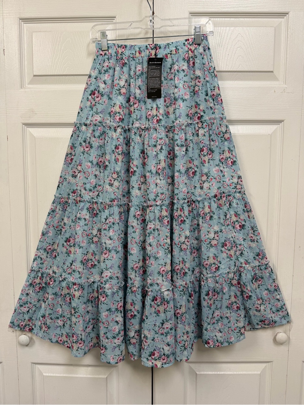 Scarlet Darkness Floral Tiered Maxi Skirt Size S Light Blue with Pink Roses - Picture 9 of 9